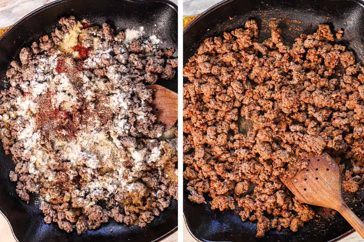 showing how to make Rotel Dip by browning the beef, then cooking with spices and flour