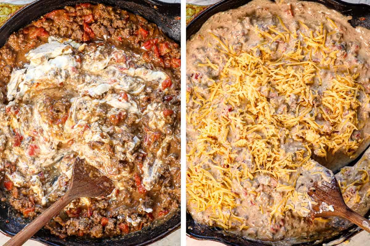 showing how to make Rotel Dip by stirring in cream cheese until melted, followed by the cheddar cheese until melted