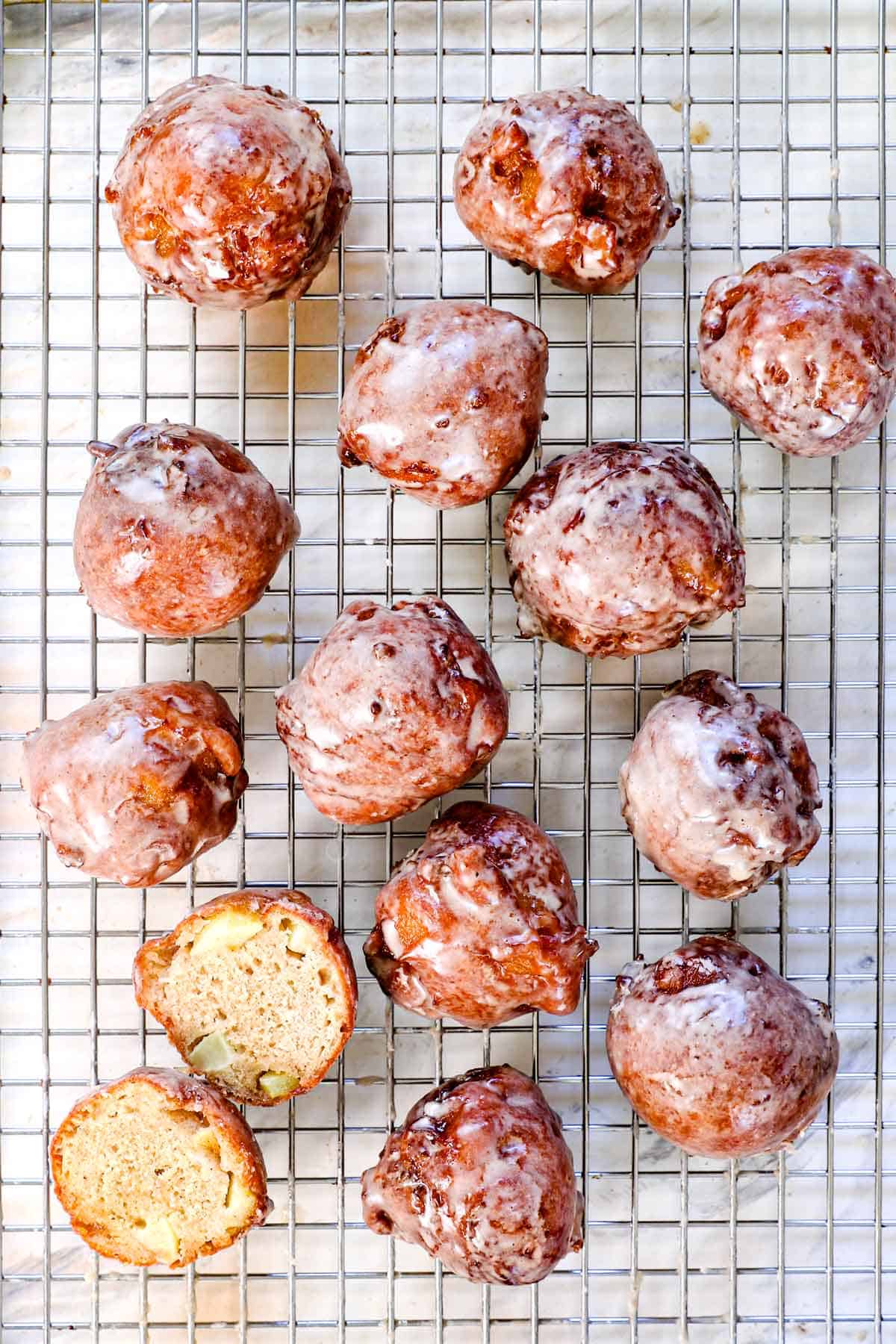 showing how to make apple fritters by drying on a wire rack