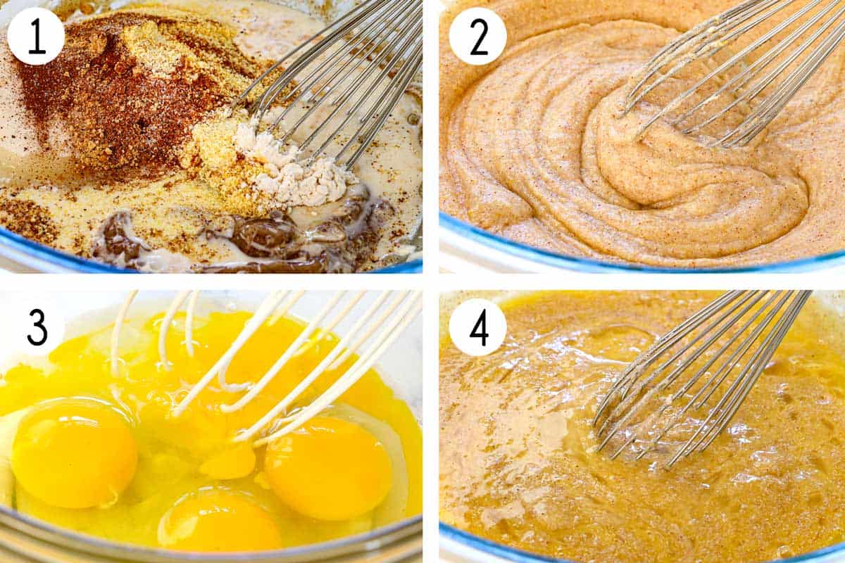 a collage showing how to make chess pie by whisking together the buttermilk, sugar, vanilla, cornmeal, flour, vinegar and cinnamon, until smooth, then whisking the eggs in a separate bowl, then whisking everything together