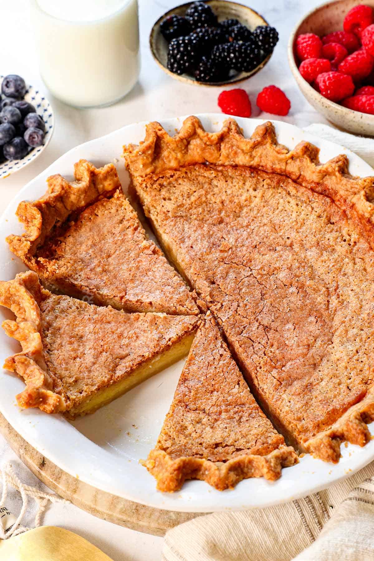old fashioned chess pie recipe with a few slices removed showing the creamy texture