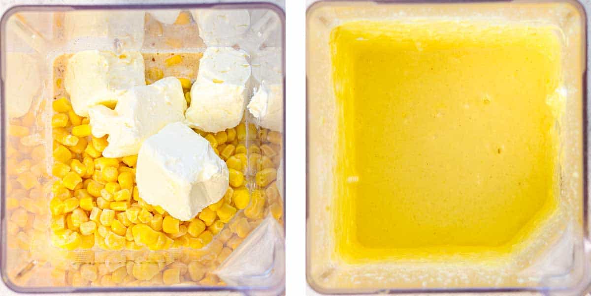 showing how to make creamed corn by blending some of the corn with cream cheese and Parmesan
