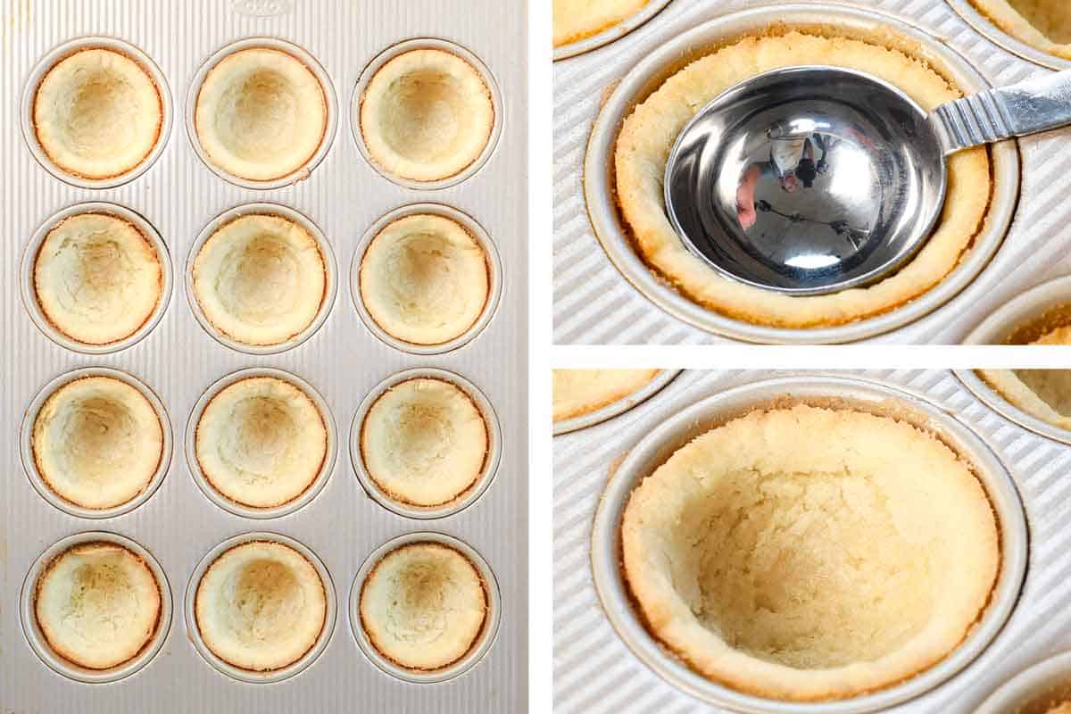a collage showing how to make Mini Pumpkin Pies by adding sugar cookie dough to muffin tins and baking