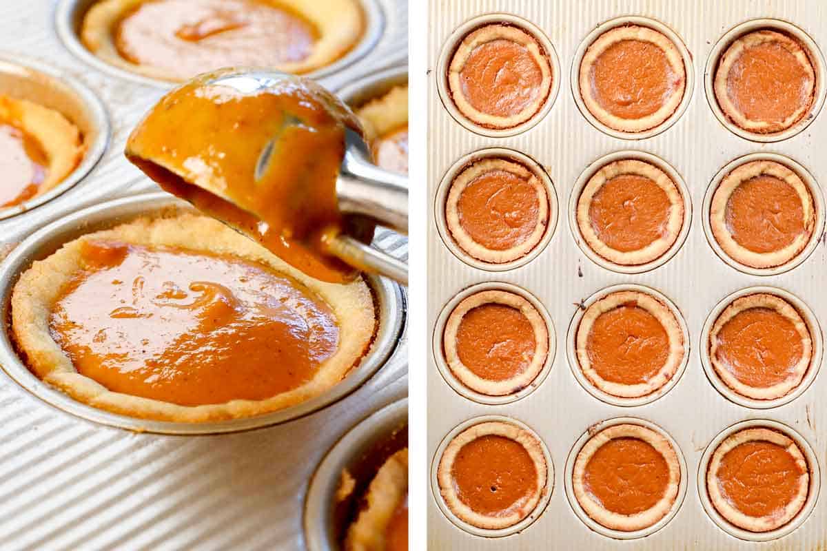showing how to make Mini Pumpkin Pies by adding pumpkin filling to pie crusts, then baking