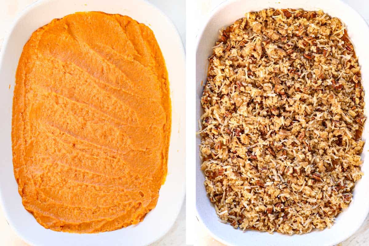 Showing how to make Sweet potato Casserole by adding the potato mixture to the 9x13 pan and sprinkling the coconut topping over the top