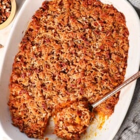 Showing how to make Sweet Potato Casserole by baking until the topping is golden brown