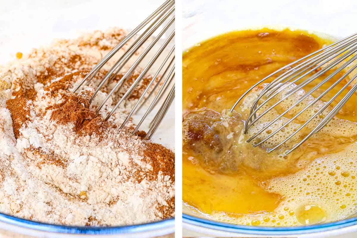 showing how to make apple fritters by whisking the flour, baking powder, sugar, and spices together in a bowl, then whisking the apple cider, eggs, applesauce and vanilla together in a separate bowl