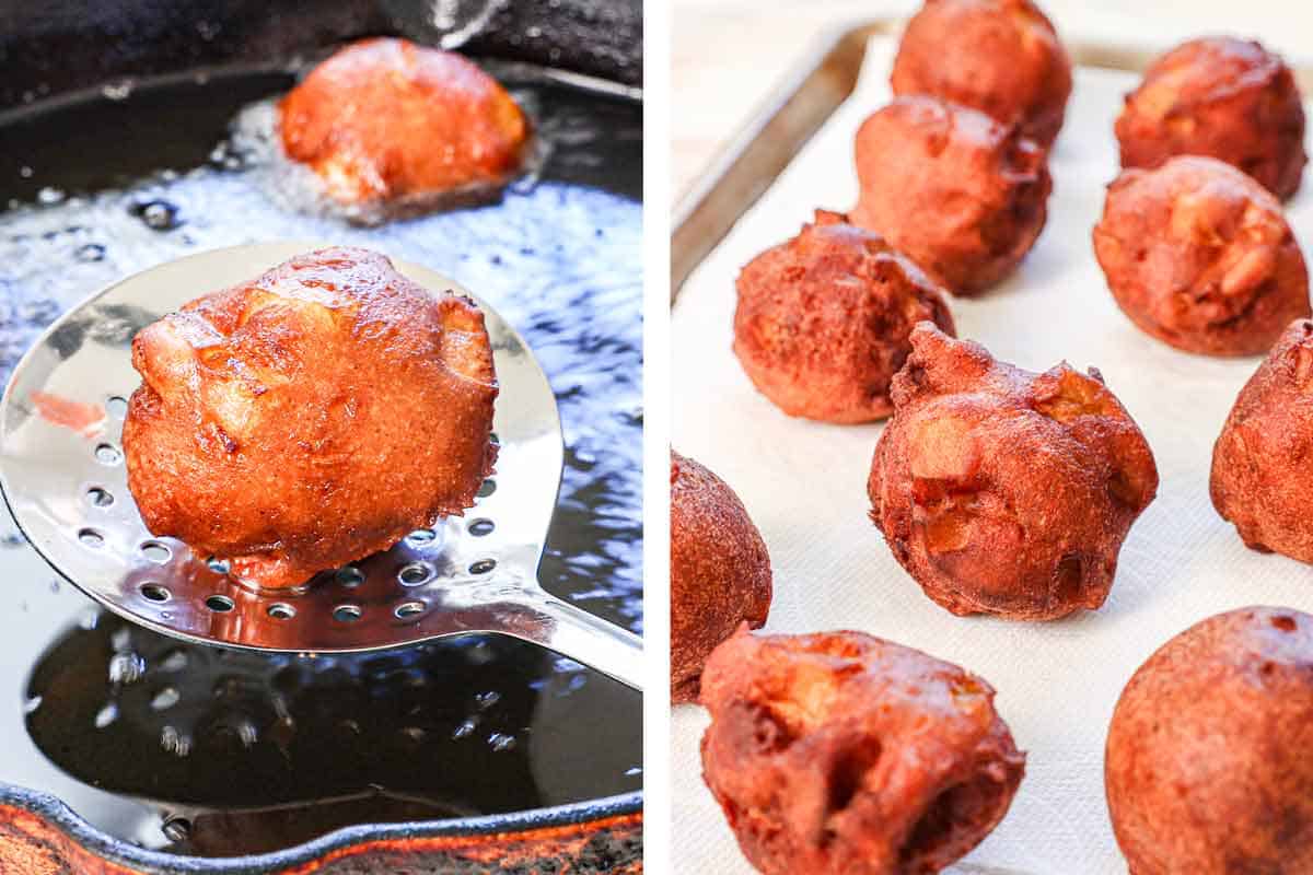 showing how to make apple fritters by frying in hot oil until golden, then transferring to paper towels to drain