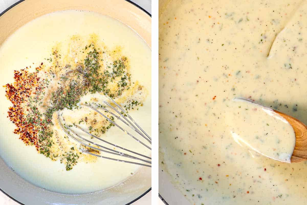 showing how to make Mac and Cheese Bites by making a roux with flour, butter, milk and spices, then simmering to thicken