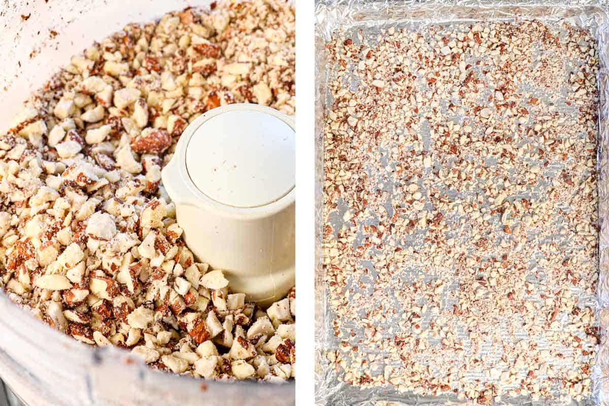 showing how to make almond roca by chopping the almonds in a food processor