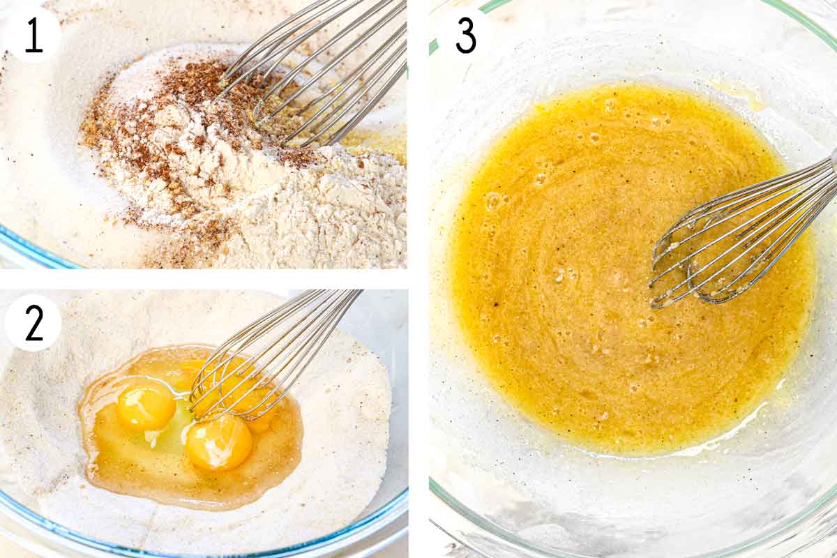 a collage showing how to make chocolate chess pie by whisking the sugar, flour, cornmeal and spices together, then making a well in the center and whisking the eggs in the center, then stirring all together