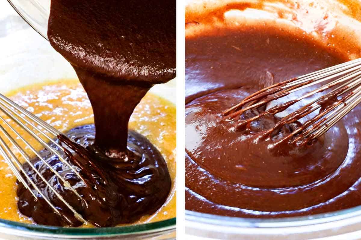 a collage showing how to make chocolate chess pie by adding the chocolate ganache to the eggs and dry ingredients, then whisking to combine