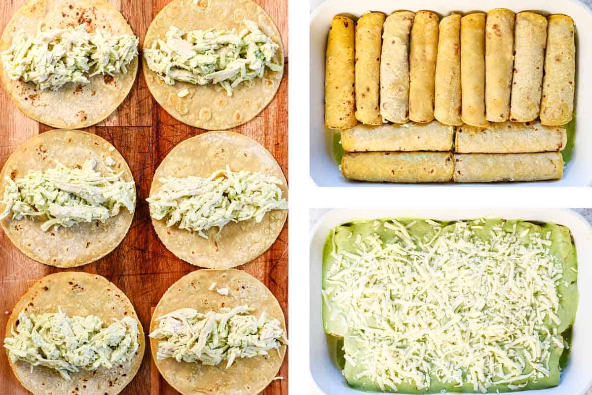 a collage showing how to make Enchiladas Suizas by adding the filling to corn torillas, roling up and placig in bottom of 9x13 baking dish with sauce on the bottom, then covering with sauce, followed by cheese