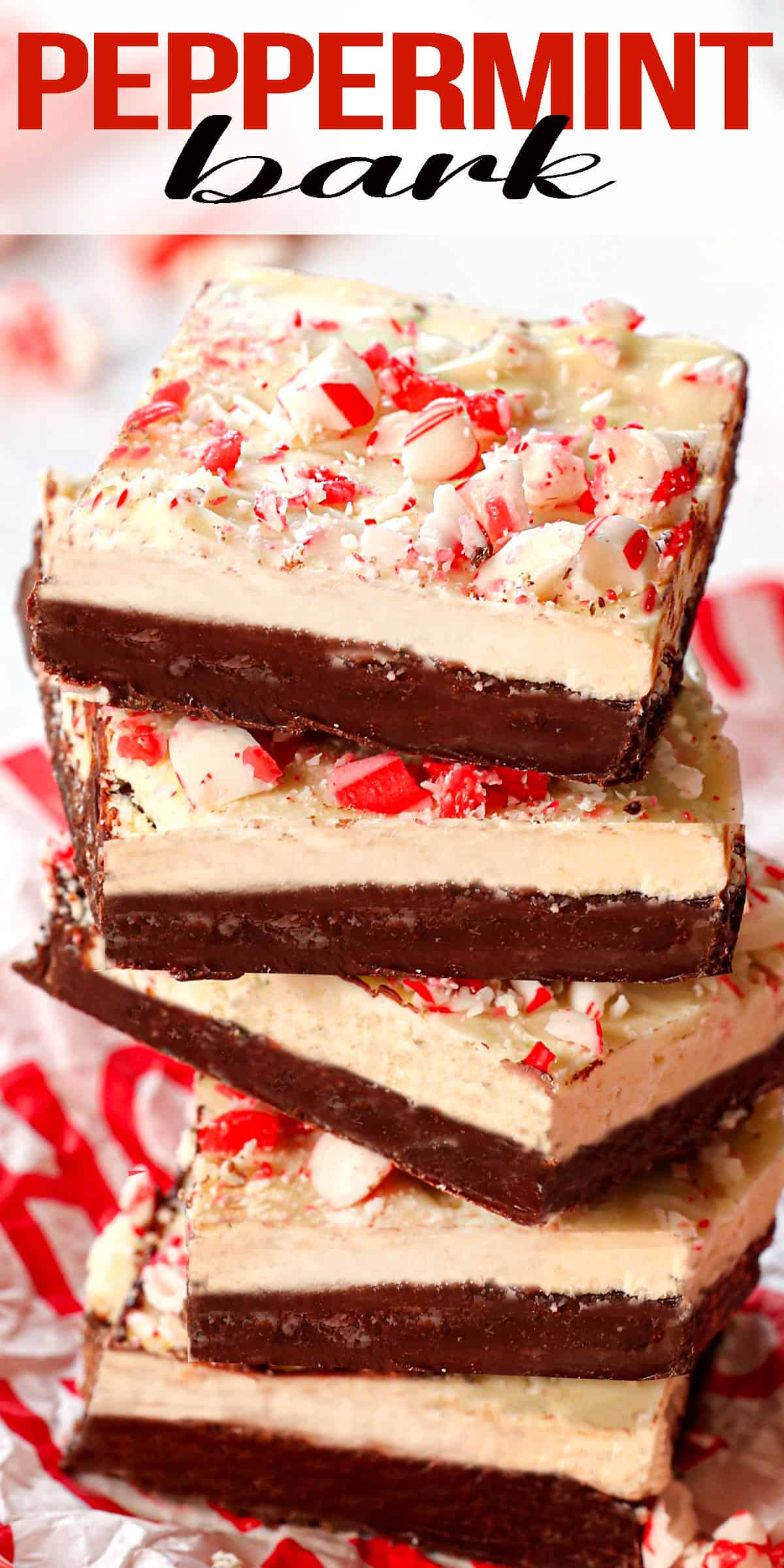 peppermint bark recipe stacked showing the layers of white and dark chocolate