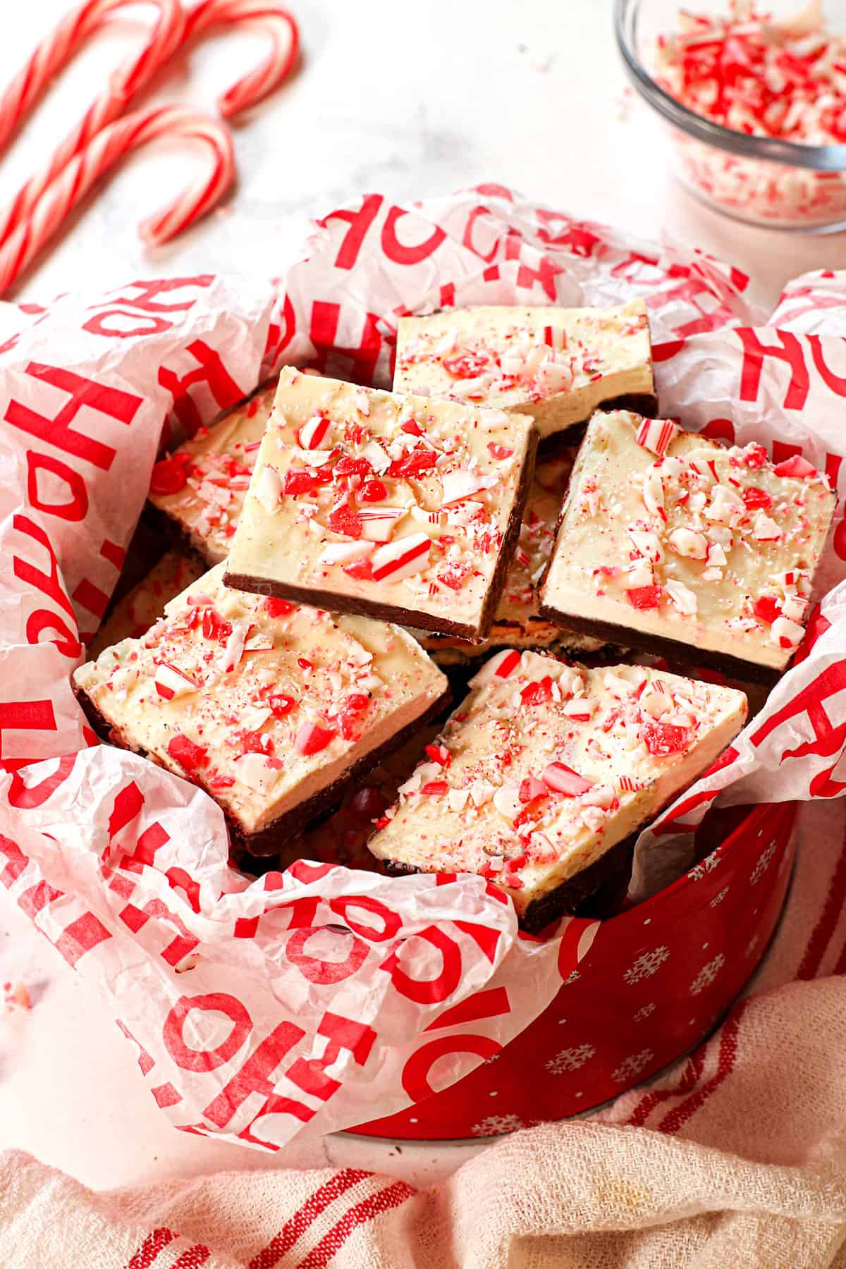 peppermint bark recipe served in a Christmas tin