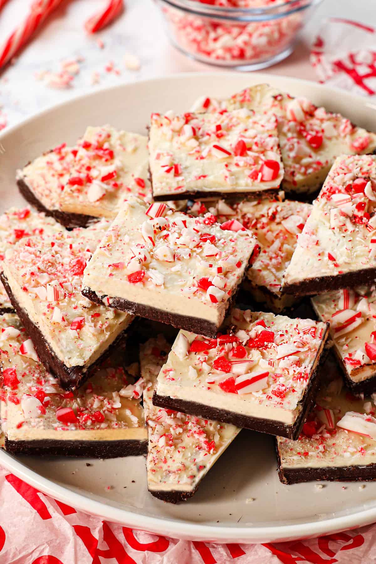chocolate peppermint bark being served on a platter
