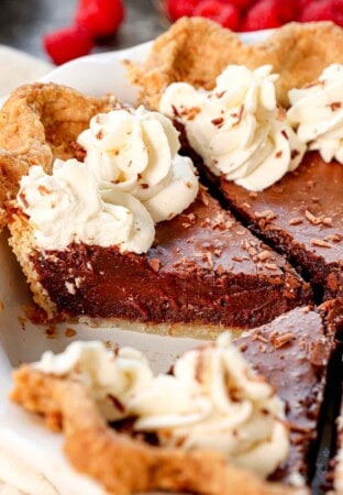 up close of a slice of easy chocolate chess pie