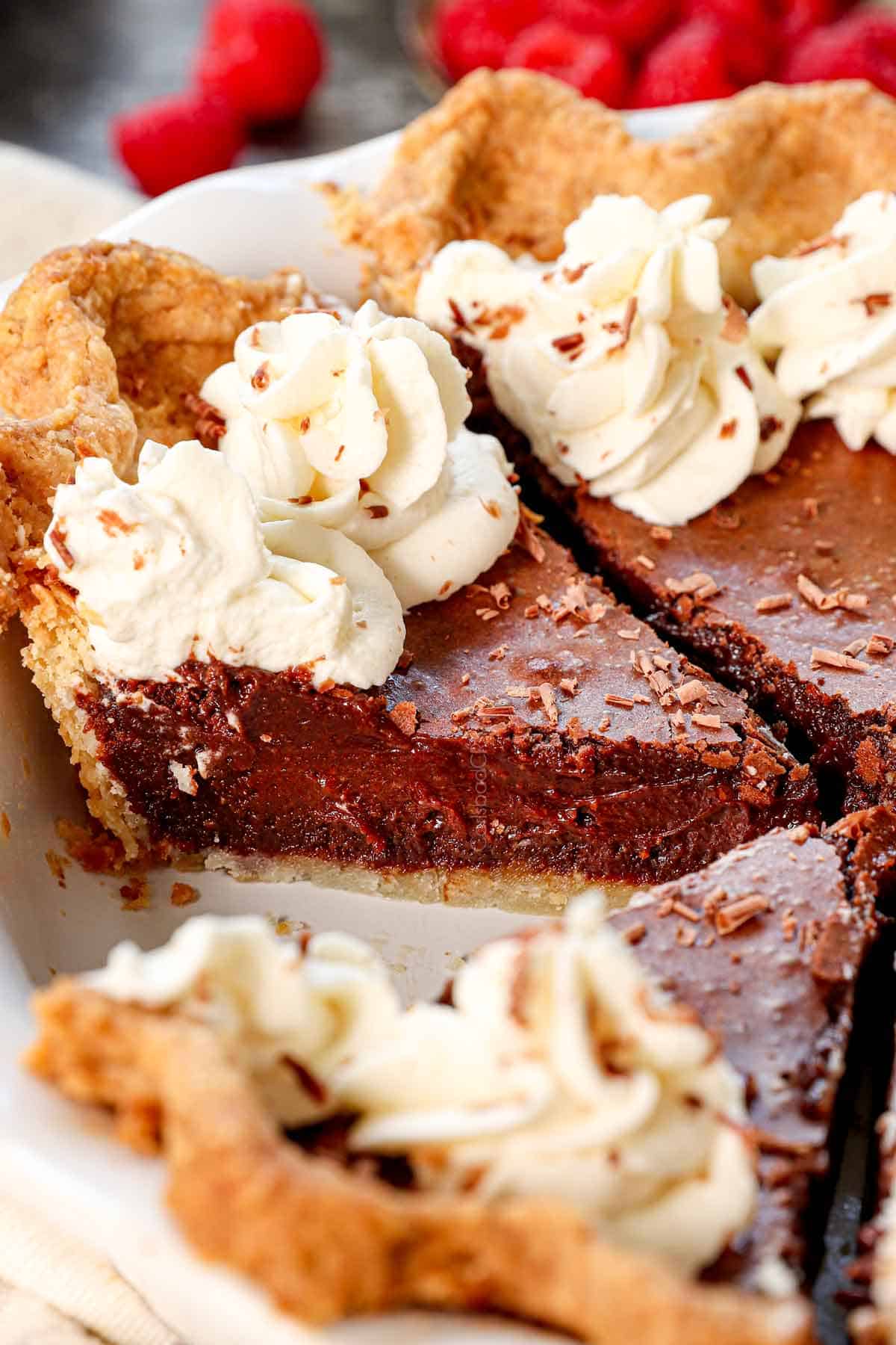 up close of a slice of easy chocolate chess pie recipe