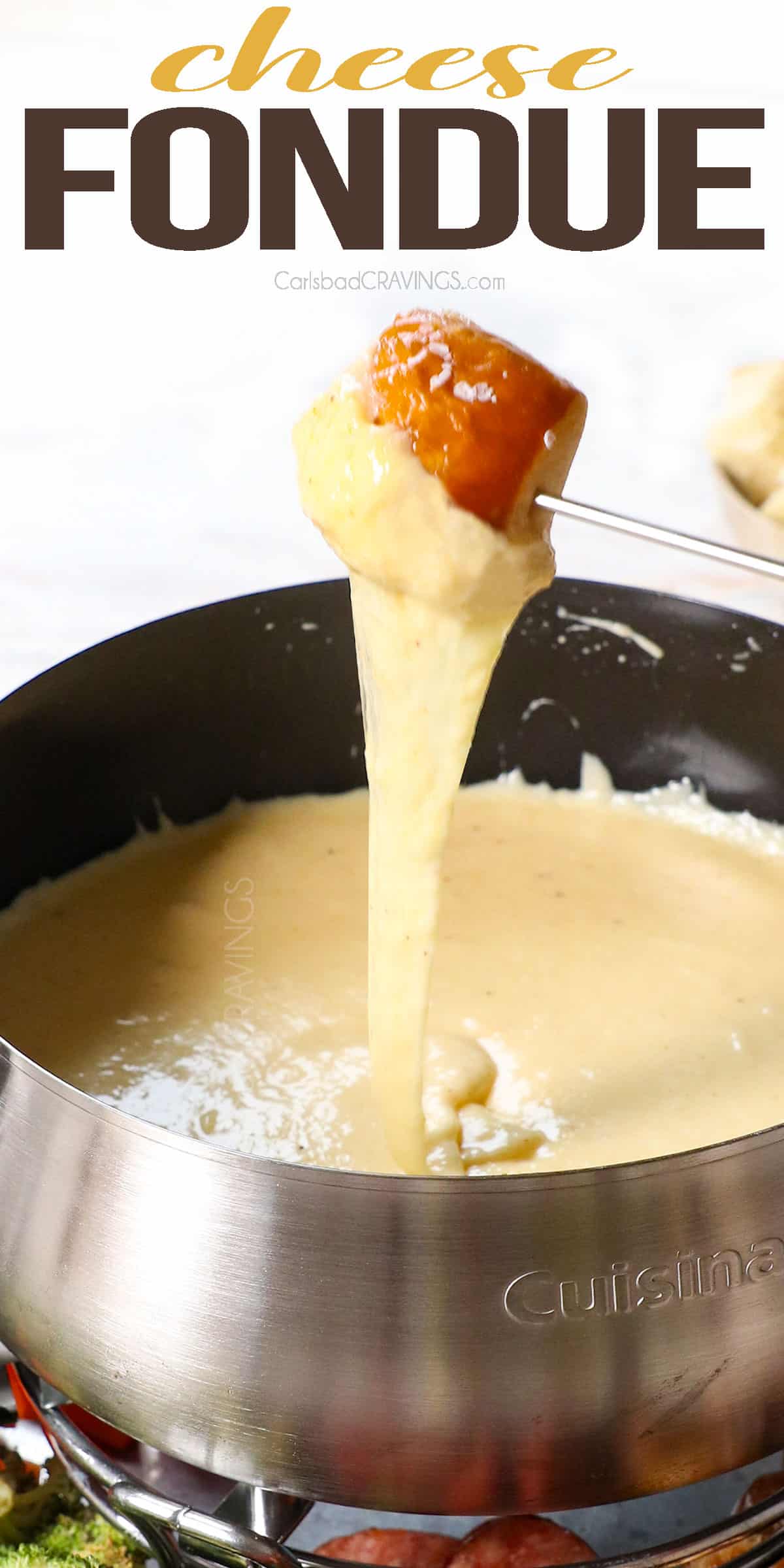 showing how silky smooth the cheese fondue is with a cheese pull