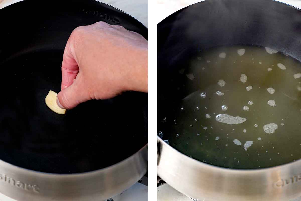 showing how to make fondue by rubbing the pot with garlic, then adding wine and lemon juice and simmering