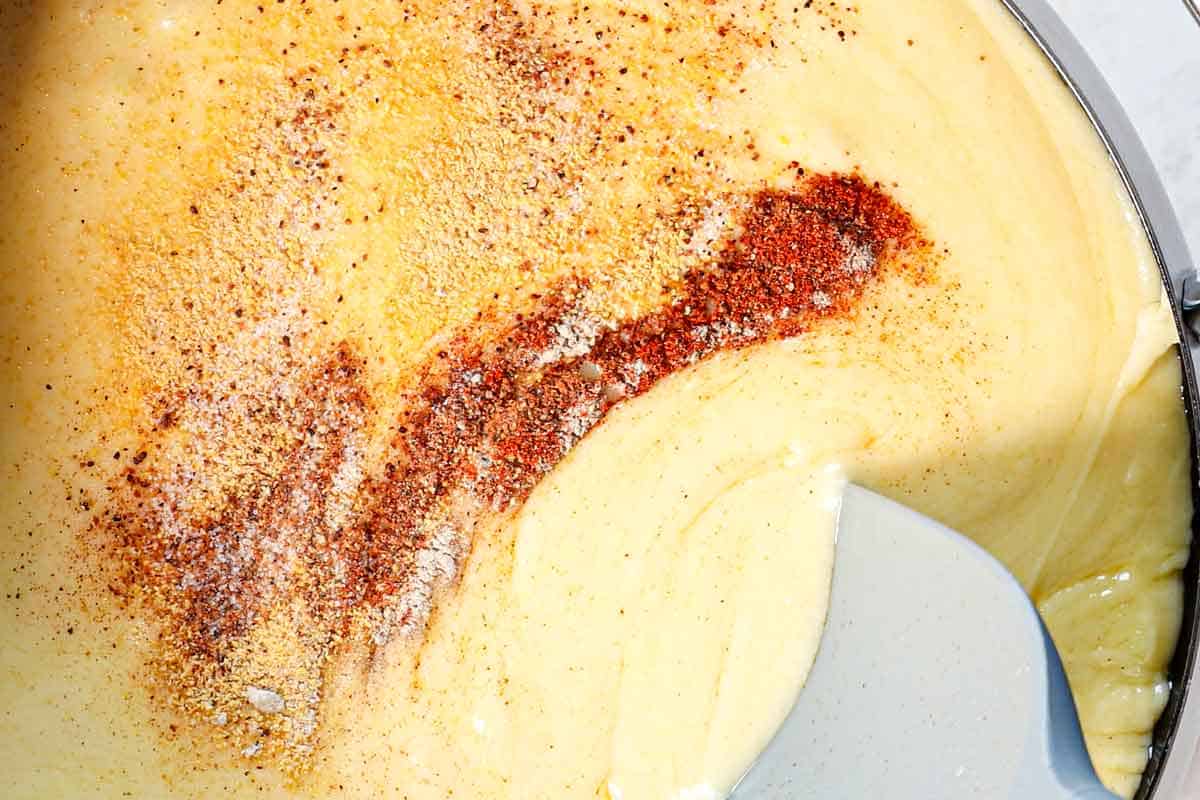 showing how to make fondue by stirring in ground mustard, salt, ground nutmeg, and paprika