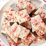 top view of best peppermint bark recipe being served on a platter