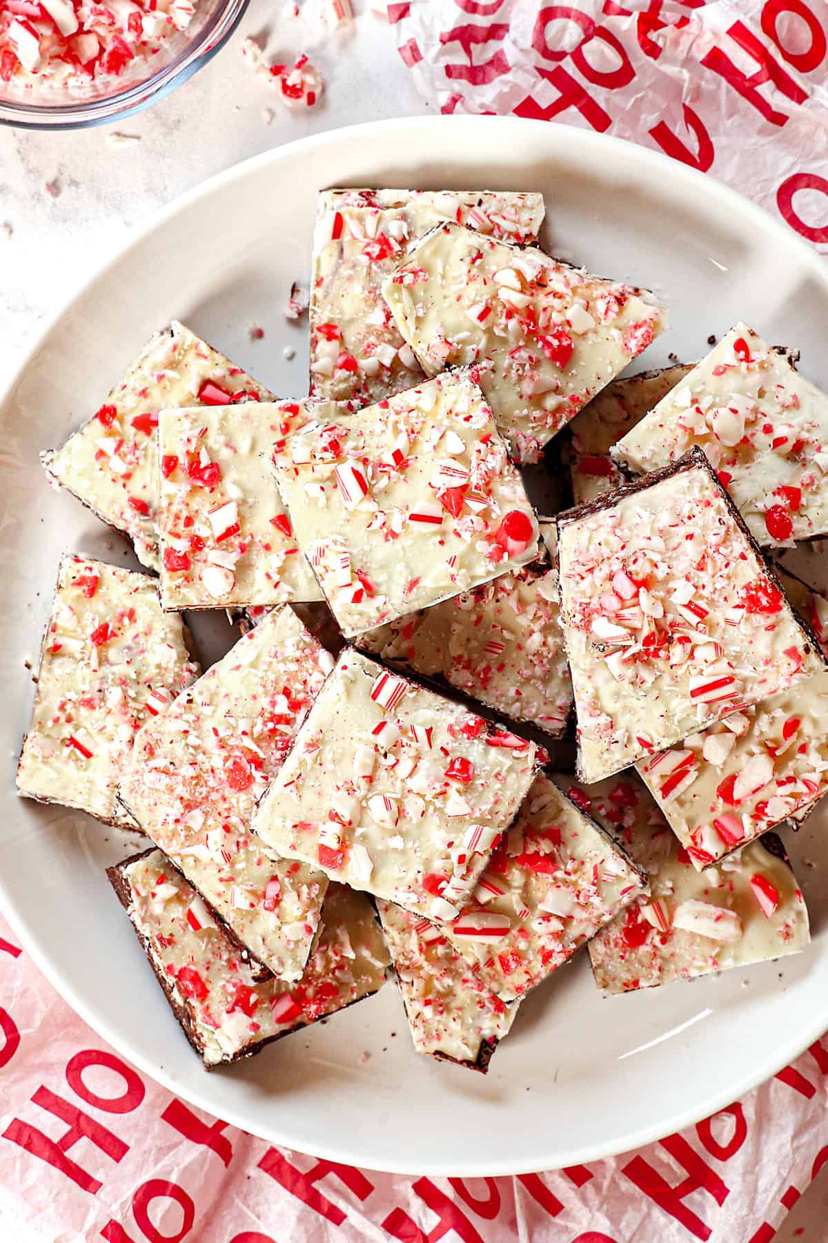 top view of best peppermint bark recipe being served on a platter