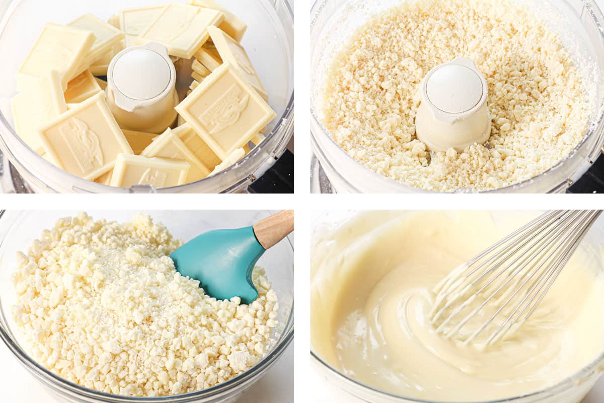 showing how to make peppermint bark by chopping white chocolate baking bars in a food processor, then combining with vegetable oil, then microwaving and whisking until melted and smooth