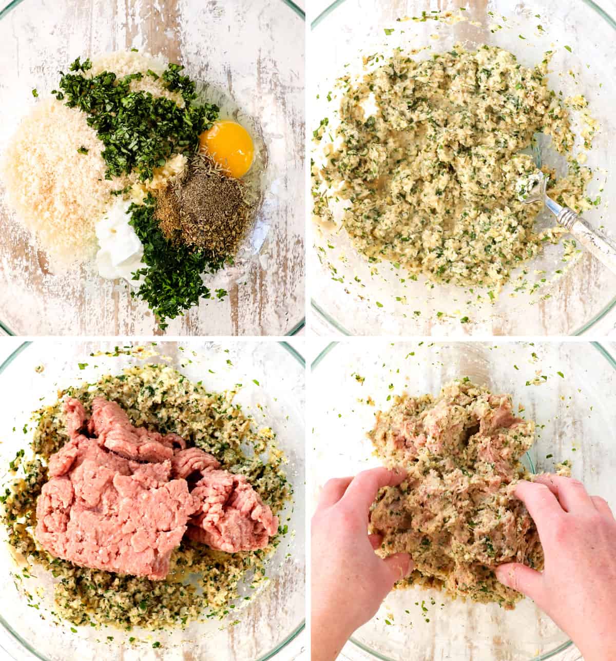 a collage showing how to make chicken meatballs by whisking the egg, panko, Parmesan, greek yogurt, spices and herbs together, then adding the ground chicken, then mixing in the chicken until combined