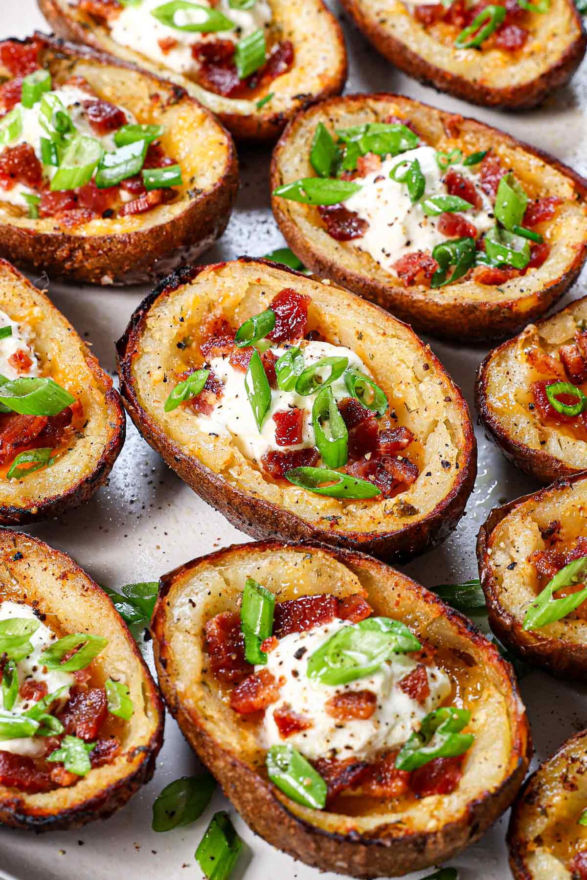 up close of homemade potato skins showing the crispy exterior and loaded interior