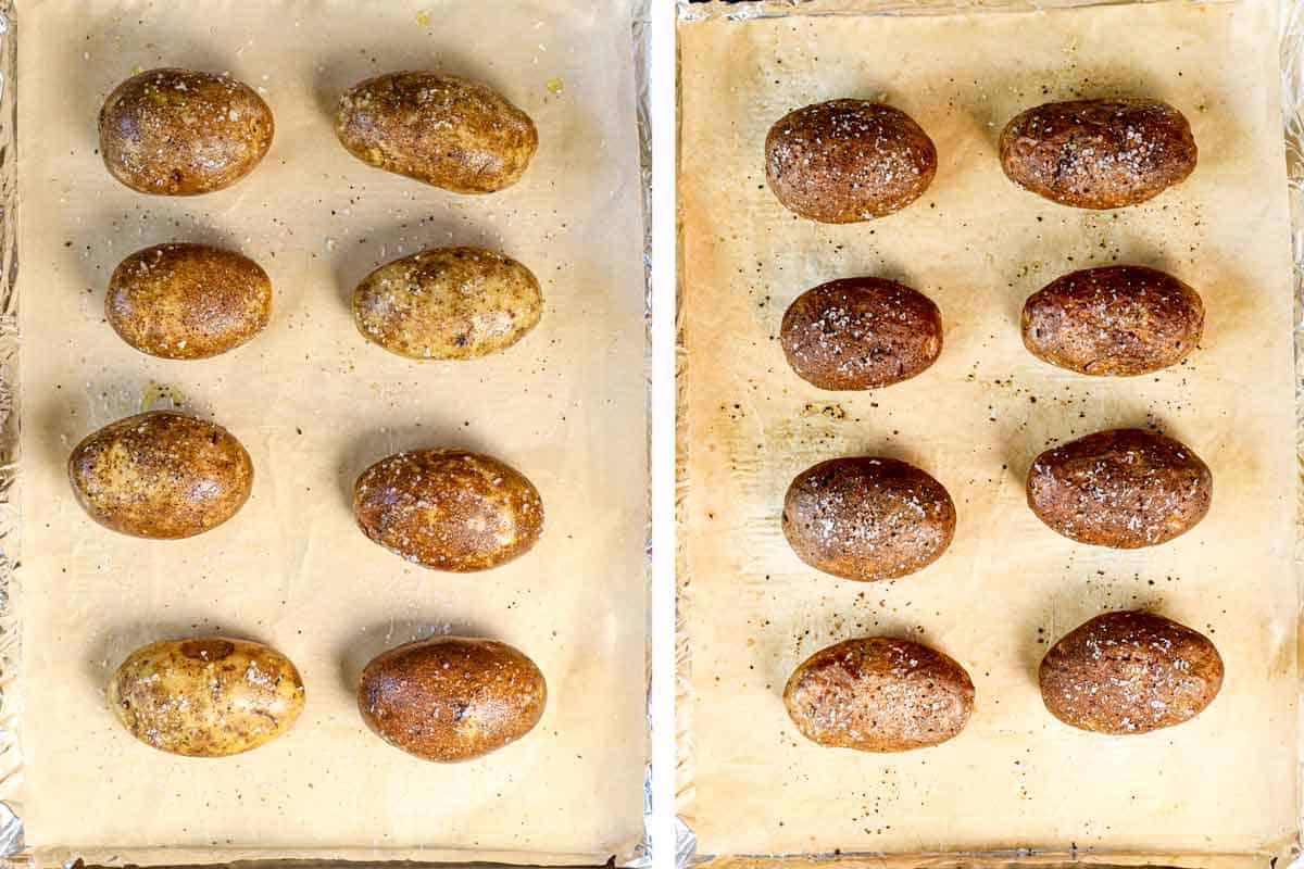 a collage showing how to make potato skins by baking the potatoes until tender
