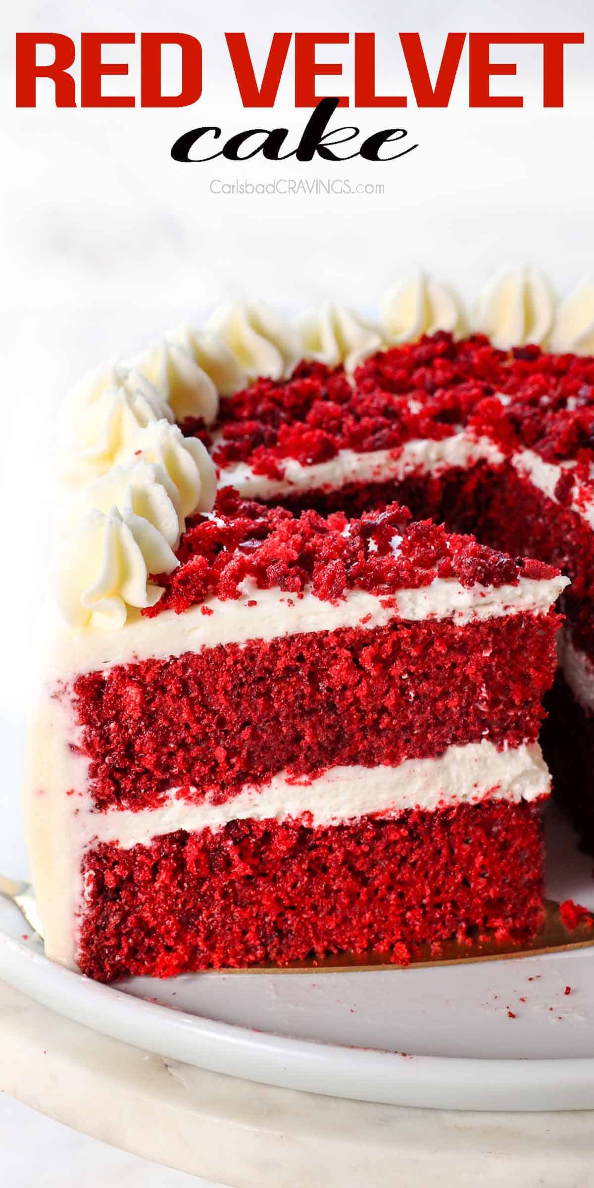 up close of a slice of red velvet cake showing how tender and moist it is