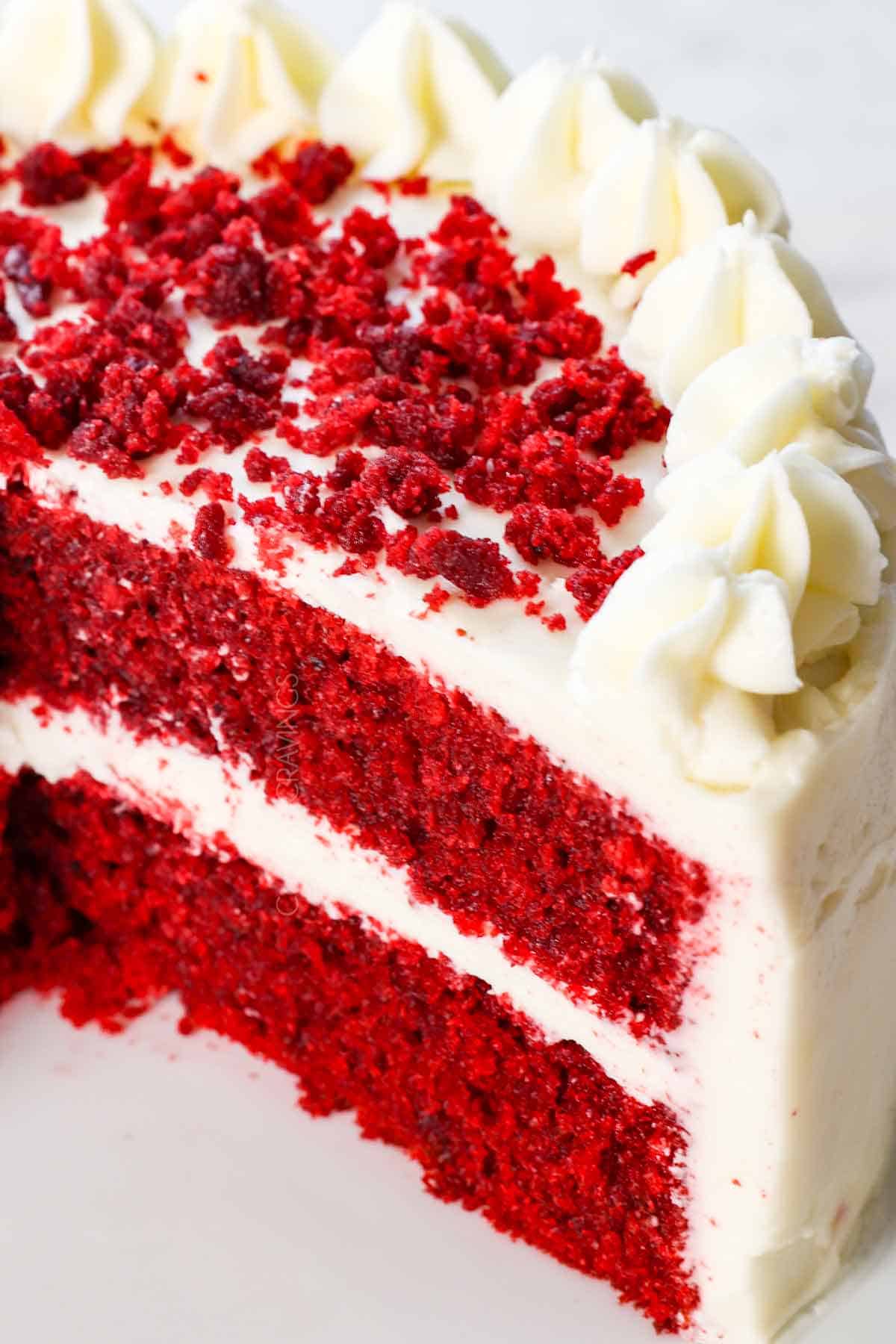 up close of easy red velvet cake recipe with creaqm cheese frosting