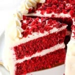 best red velvet cake recipe with a slice cut out