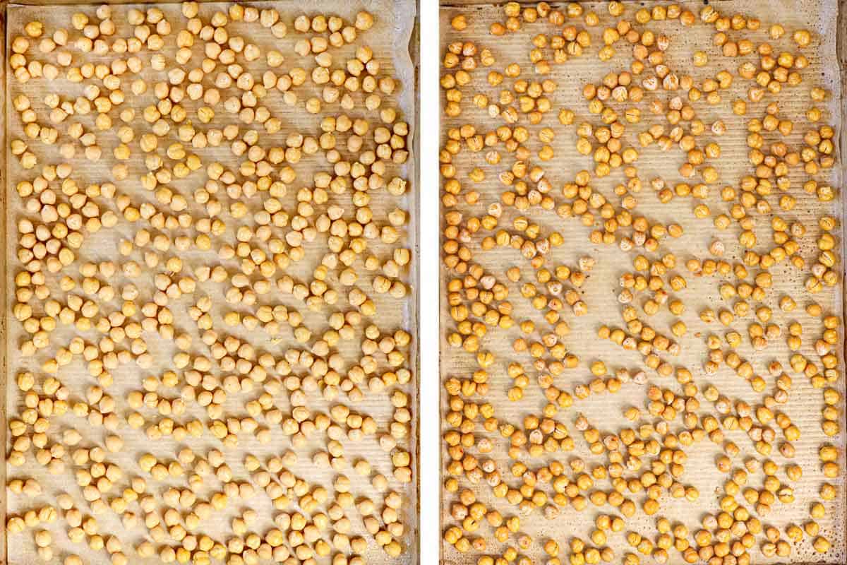a collage showing how to roast chickpeas by by roasting in the oven for 15 minutes without oil or spices