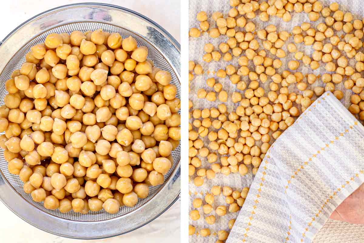 showing how to roast chickpeas by draining in a sieve, then patting dry with a kitchen towel