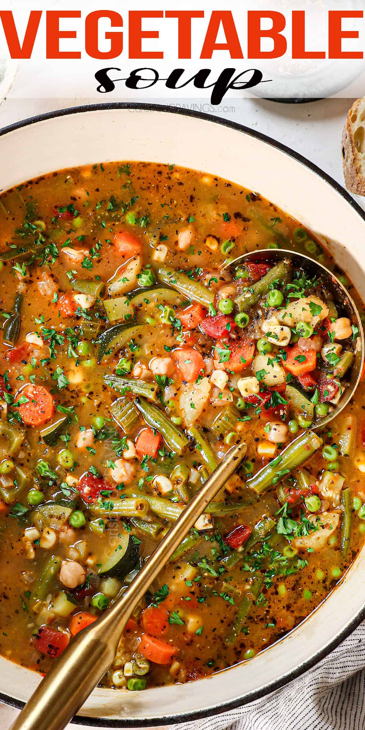 top view of vegetable soup with potatoes, tomatoes, green beans, carrots, celery, chickpeas, zucchini, onions and garlic