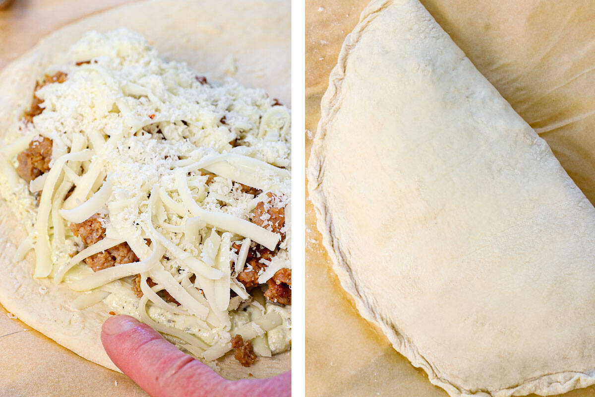 a collage showing how to make calzones recipe by brushing the edges with water, then sealing by crimping the edges