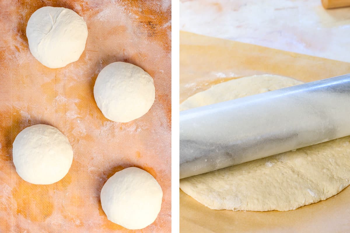 showing how to make a calzone by dividing the dough into 4 balls, then rolling the dough into a 8-inch circle