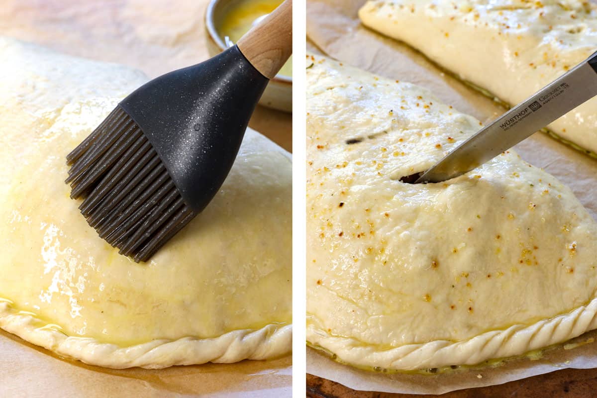 a collage showing how to make calzones by brushing the calzone with egg wash, then cutting slits in the calzone