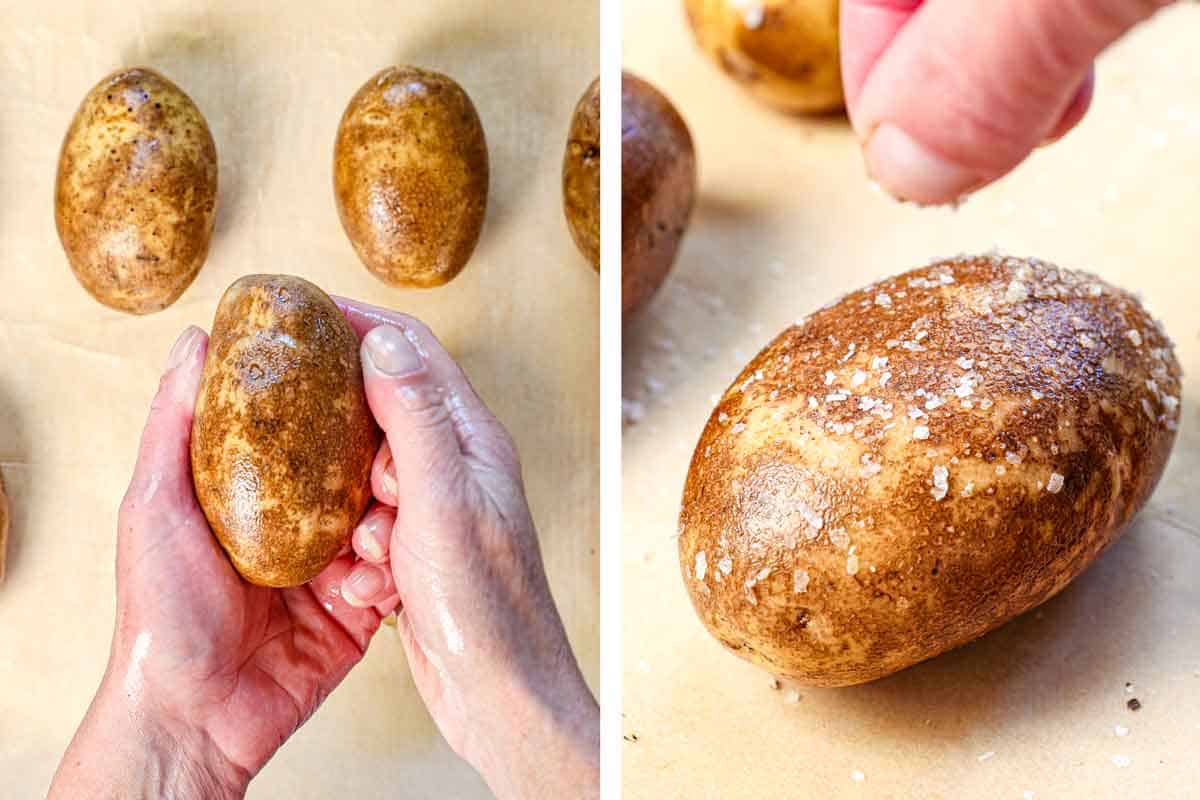a collage showing how to make potato skins by rubbing the potatoes with oil, then seasoning with kosher salt and freshly cracked pepper