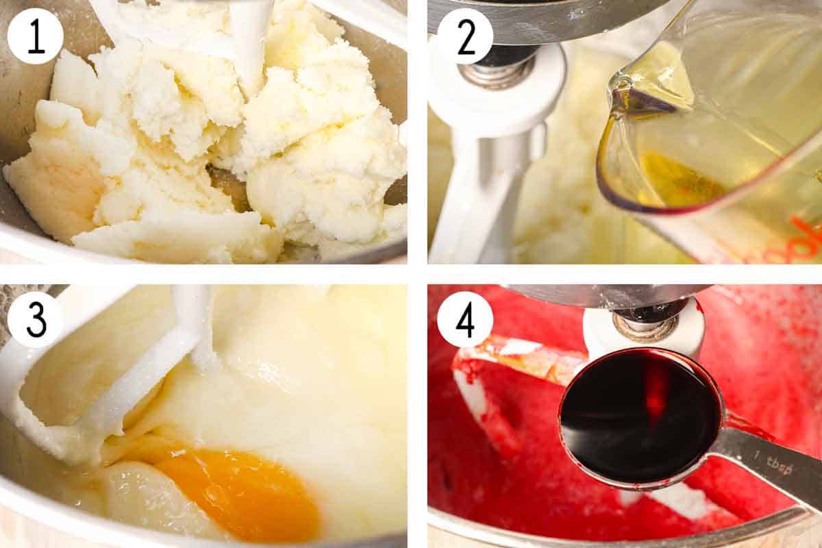 a collage showing how to make red velvet cake by creaming the butter and sugar, then adding the vegetable oil, then the eggs, then mixing in the red food coloring and vanilla extract