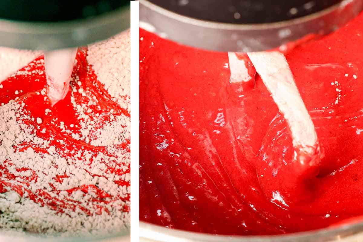 showing how to make red velvet cake by mixing in the buttermilk alternating with the dry ingredients