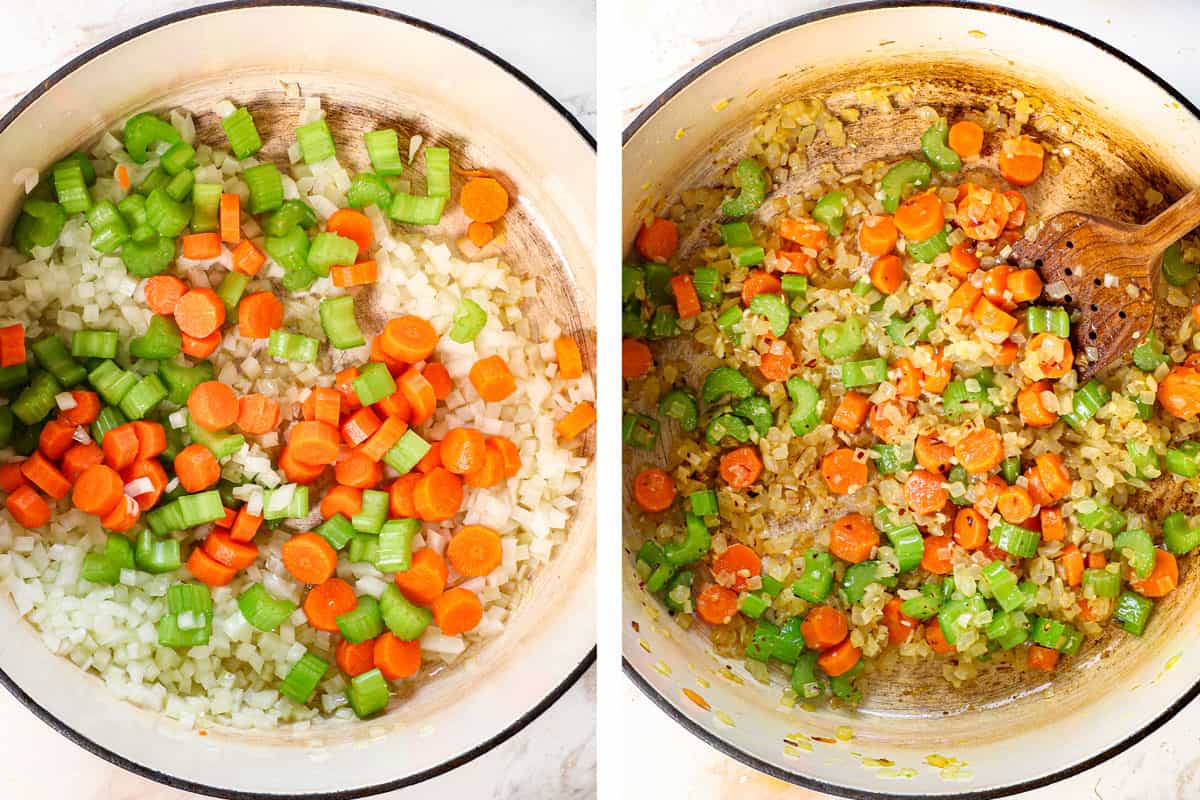 showing how to make vegetable soup by sautéing the onions, carrots, and celery