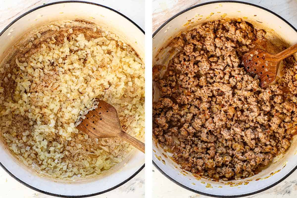 a collage showing how to make white bean soup by sautéing diced onions, then browning the sausage