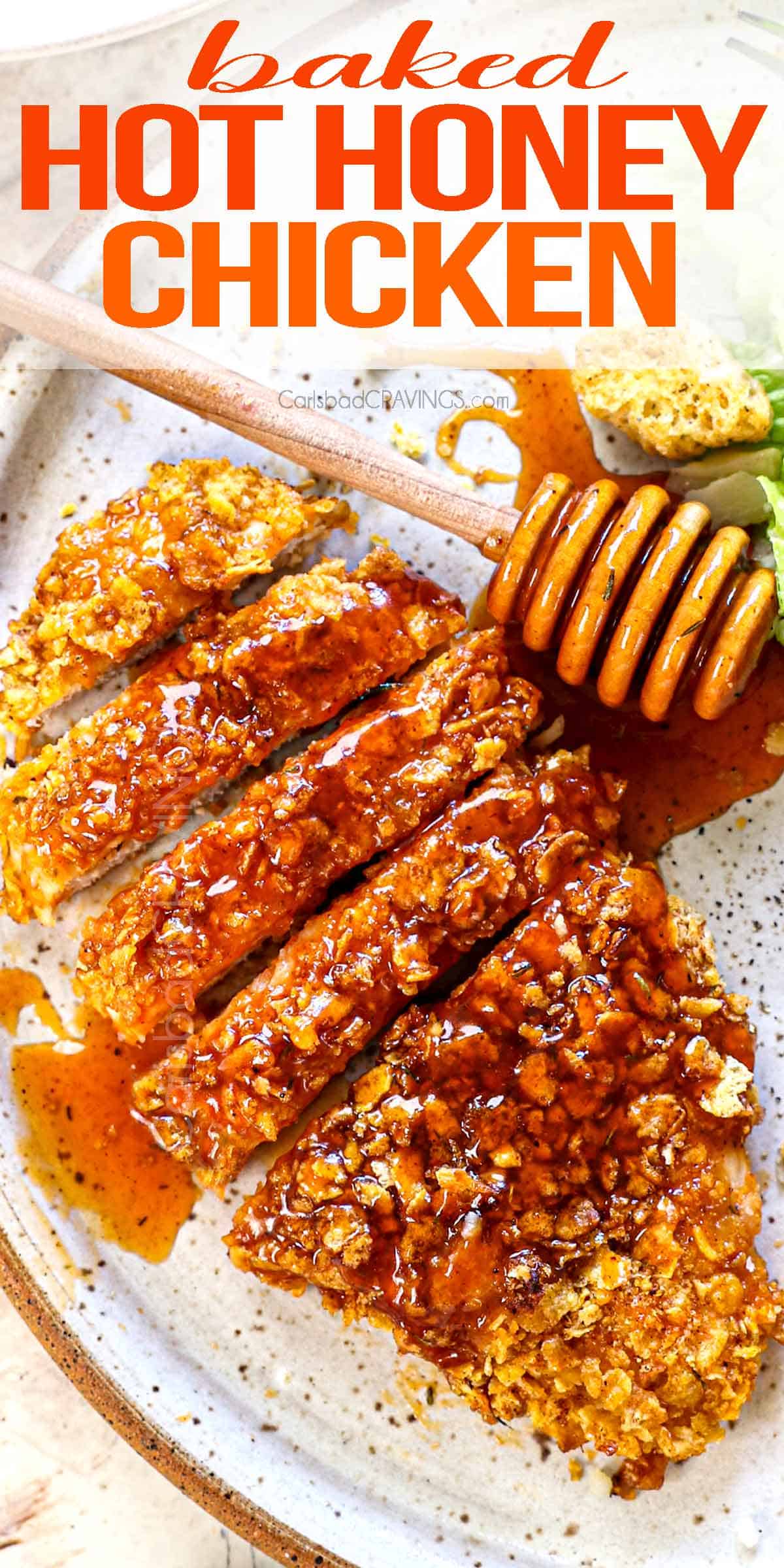 top view of hot honey chicken sliced on a plate showing how to serve