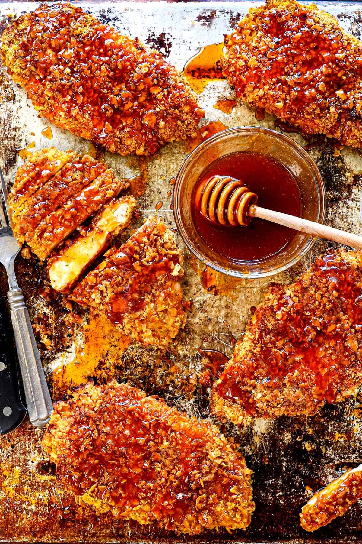 top view of hot honey chicken drizzled with the hot honey