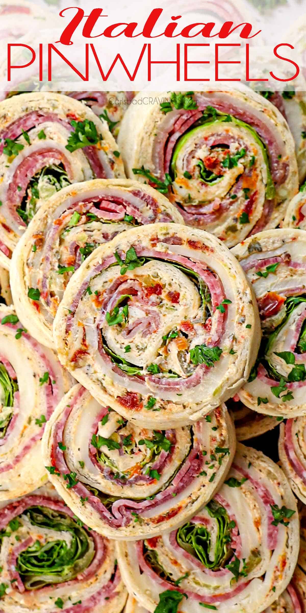 top view of pinwheels stuffed with cream cheese, salami, provolone, lettuce