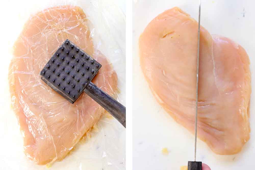 showing how to make hot honey chicken by covering the chicken breasts with plastic wrap and pounding thin with a meat mallet, then slicing the chicken in half to create two smaller pieces