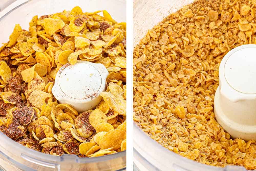 showing how to make hot honey chicken by pulsing corn flakes and spices in a food processor until fine crumbs form